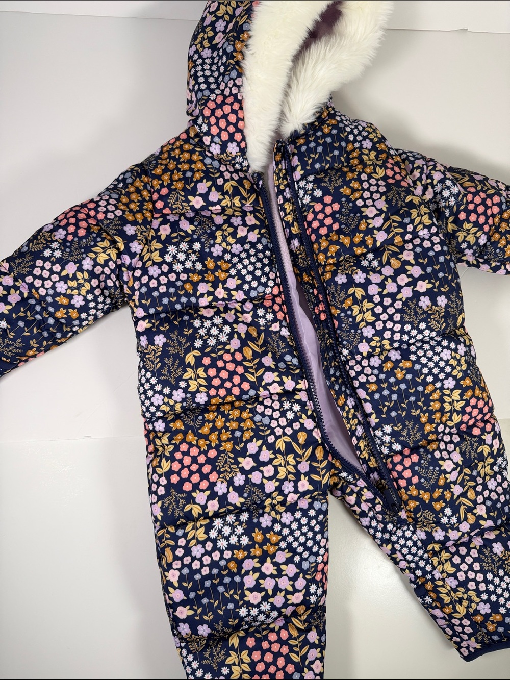 Carter's Navy Floral Puffer Snowsuit with Faux Fur Hood